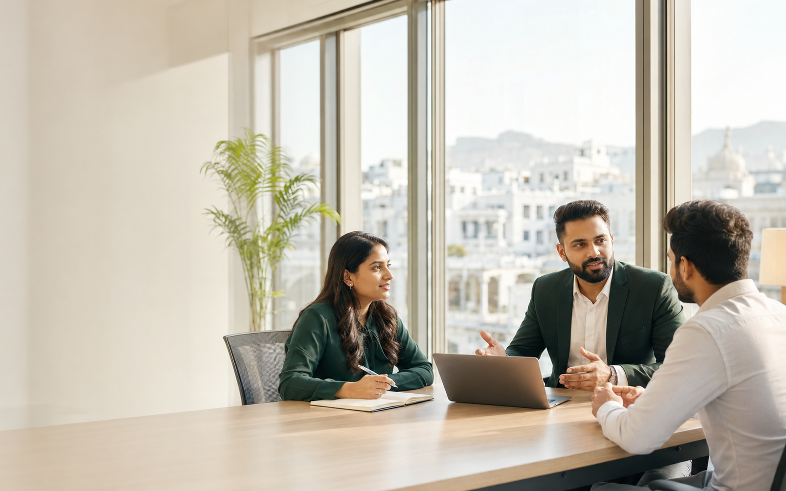 Recruitment consultants discussing a hiring requirement with a professional